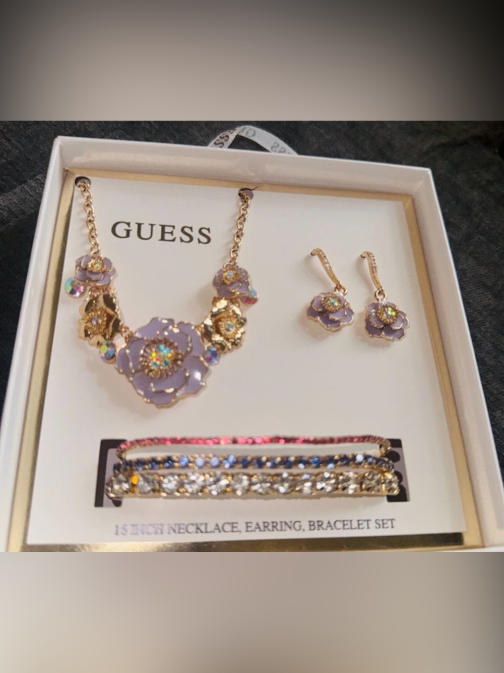 Guess Gold-Tone Lavender Flower Necklace, Earrings & Bracelet Set - Picture 2 of 4